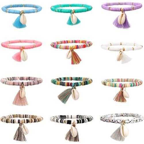 ZOSHI 2Pcs/Lot Multicolor Tassel Anklets Bracelet For Women Fashion Soft Pottery Handmade Elastic Ankle Chain Shell Jewelry