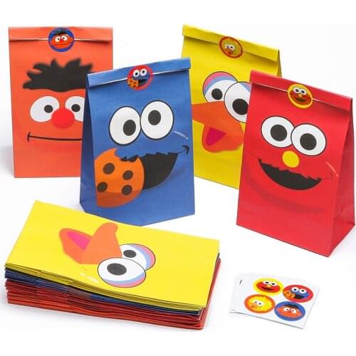 24Pcs Sesame Gift Paper Bag Set Cartoon Sticker Monster Candy Treat Theme Birthday Party Favors Supplies Decoration for Children