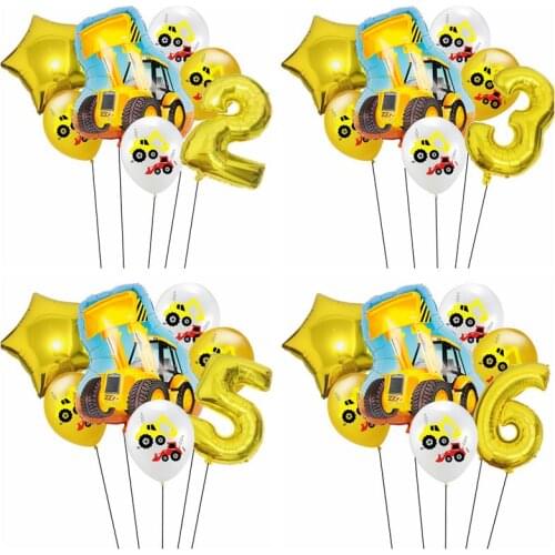 7pcs Cartoon Bulldozer Car Balloons Construction Car Foil Latex Balloon Tractor Globo Boys Gifts Kids Birthday Party Decorations