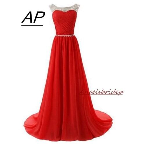Angelsbridep Long Bridesmaid Dresses 2021 Luxury Crystals Sheer Neck Chiffon Party Gowns Vestido Madrinha Formal Dress Hot Sale