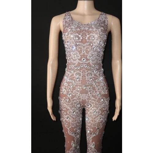 White Lace Pattern Mesh Silver Crystals Jumpsuit Female Singer Sexy Bodysuit Leggings Stage Outfit Nightclub Costume