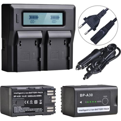 2Pcs BP-A30 BP A30 BPA30 Battery + LCD Dual Charger for Canon BP-A30 BP-A60 BP-A90 EOS C200, C220B, C300 Mark II, C500 Mark II