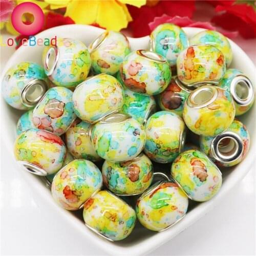 10Pcs Green Flower Ripple 16mm Glass Beads Large Hole Eurpean Beads Fit Pandora Bracelet Bangle Chain Spacer Beads Jewelry Craft