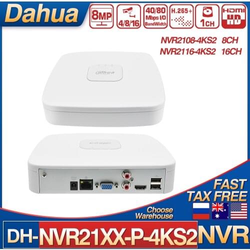 Dahua NVR2108-4KS2 NVR2116-4KS2 8/16 Channel Smart 1U Lite 4K H.265+ 1SATA HDMI Two-way Talk Network Video Recorder