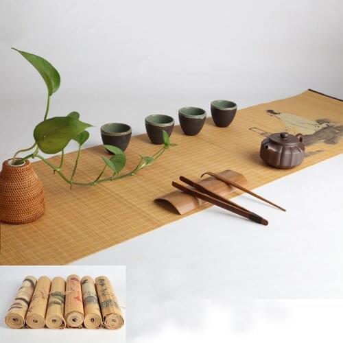35x 180cm Artistical Painted Natural Bamboo Zen Tea Table Runner with Protected Border Tea Mat Home Decoration Table Flag