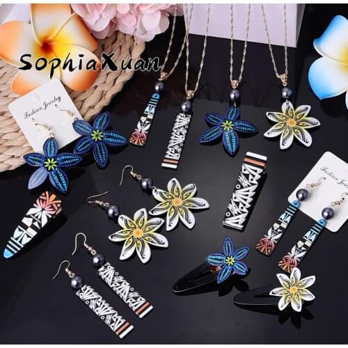 SophiaXuan Hawaiian Jewelry Sets Fashion Acrylic Marshall Pink Flower Necklaces Earrings Hairpin Set 3 Pcs for Women Summer Gift