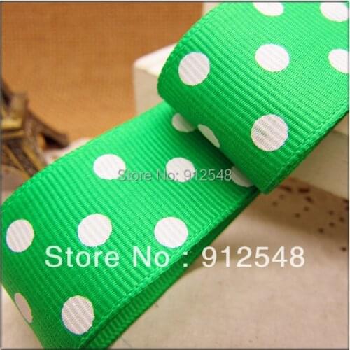 1" (25mm) Grosgrain ribbon Polka Dots printed green ribbon with white dots, DIY hairbow accessories,ZYD008