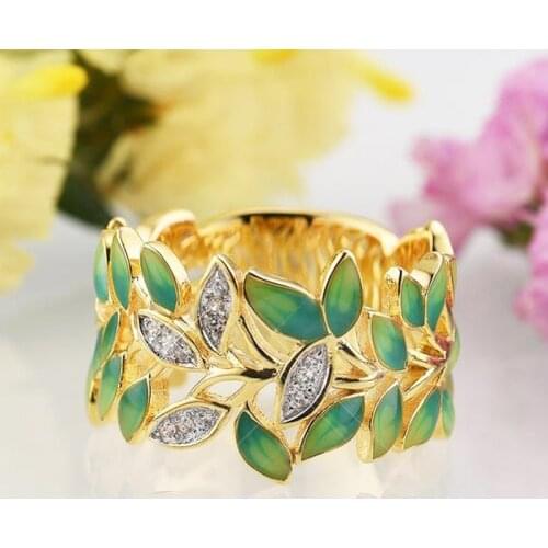 Fashion Green Leave Ring Glaze Leaves Rings for Women Party Anel Feminino Simple Gold Color Fashion Ring Jewelry O3M388