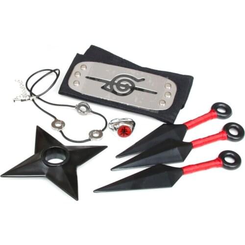 New Anime Konoha Hokage Hatake Kakashi Cosplay Props Uchiha Ninja Shuriken Plastic Kunai Darts Headband Necklace Ring Suit