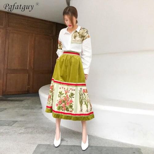New Prickly Pear Wandering Homemade Plants Map Printed Velvet Retro High Waist Skirt + Loose Cotton Printed White Shirt Sets