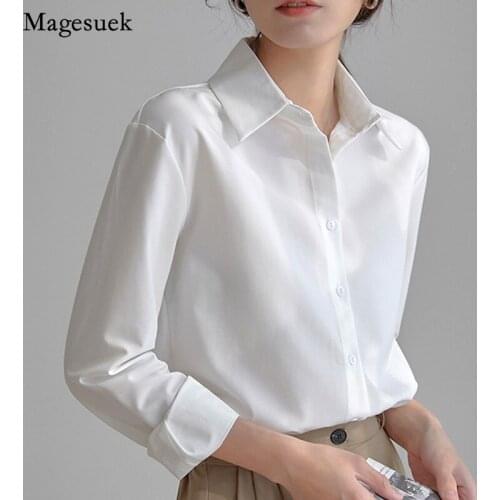 Autumn White Womens Shirts Long Sleeve Turn-down Collar Satin Slik Blouses Casual Single-breasted Loose Office Lady Tops 15651