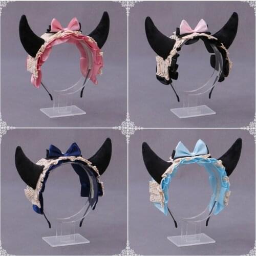 Gothic Lolita Hairband Cute Devil Horns Ears Headband Maid Lace Bow Bell Headbands Hair Hoop Anime Cosplay Hair Accessories