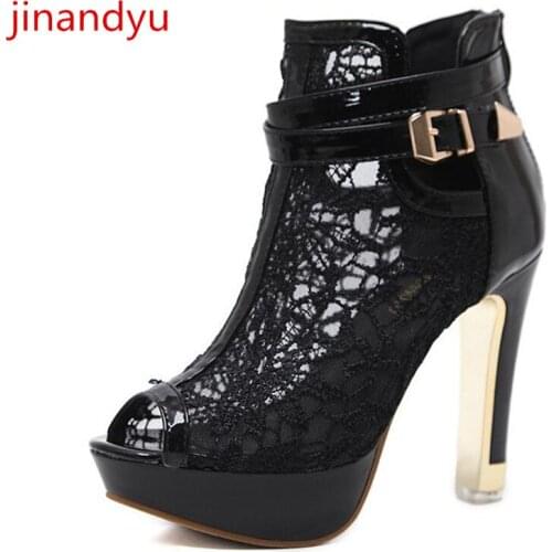 Size 42 Lace Platform Platform Ankle Boots Women High Heels Sandals Women Pumps Fashion Sexy Black White Party Shoes for Woman