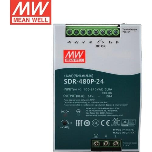 SDR-480P-24 MEAN WELL 480W 24V DIN Rail Switching Power Supply 110V/220V AC to 24VDC 20A Din rail with parallel function PFC