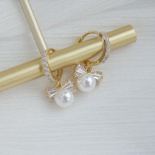 Fashion New Style Bow Pearl Dangle Earring Luxury Gold Plated Inlay Zircon Earring Elegant Women Wedding Party Best Girl Jewelry