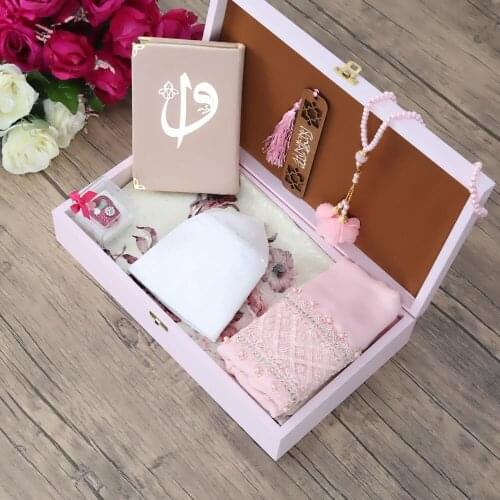 Special Wooden Box Pink, Quran, Shawl, Skullcap, Zikirmatik, Bookmark, Rosary Gift Set FREE SHİPPİNG