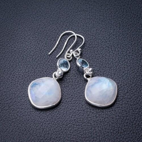 StarGems Natural Rainbow Moonstone And Blue Topaz Handmade 925 Sterling Silver Earrings 1.75" D7703