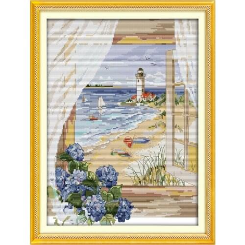 The view from the window counted 11CT 14CT Cross Stitch Kit Set DIY DMC The sea Cross-stitch Embroidery Needlework Home Decor