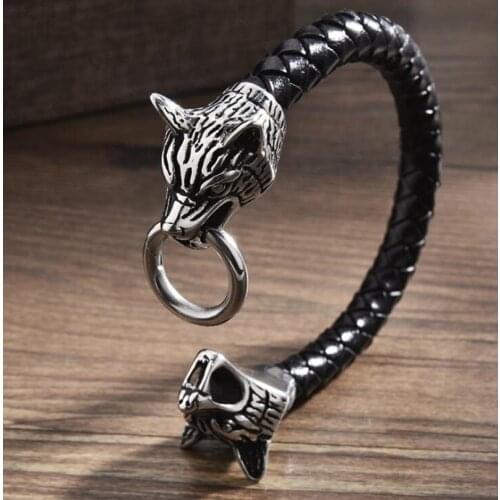 Hight Quality Viking Wolf Head Leather Bracelet Vintage Hand-Woven Fashion Mens Accessories Mens Gifts