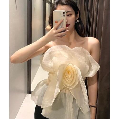 Runway Women Sweet Floral Strapless Organza Blouses Summer Elasticity Sexy Off Shoulder Sleeveless Vest Mesh Shirt Short Tops