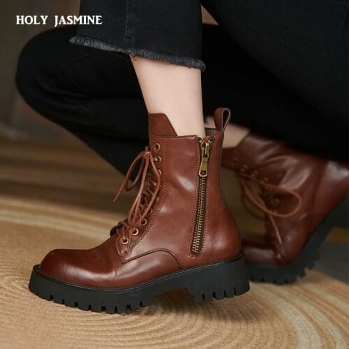 2021 Winter New Women Ankle Boots Trend Motorcycle Genuine Leather Zipper Shoes Cross-Tied All-Match Platform Fashion Lady Boots