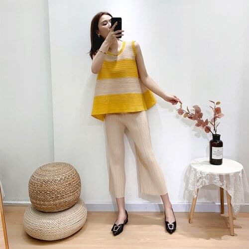 LANMREM summer new striped elastic sleeveless tops + loose casual pants for women temperament two-piece set famale pleated YJ688