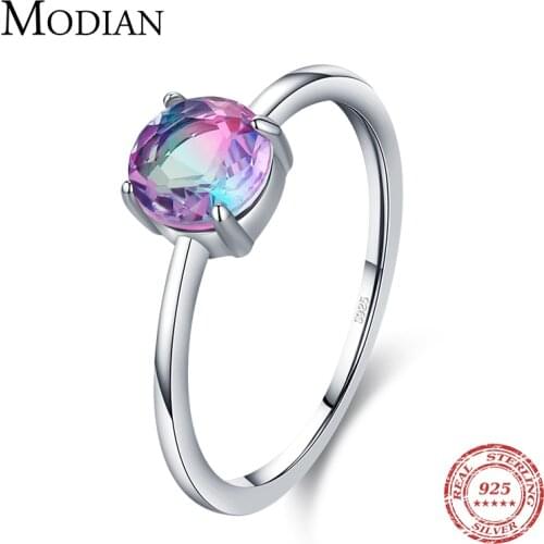 Modian Authentic 925 Sterling Silver Classic Romantic Round Sparkling Watermelon Tourmaline Finger Ring For Women Female Jewelry