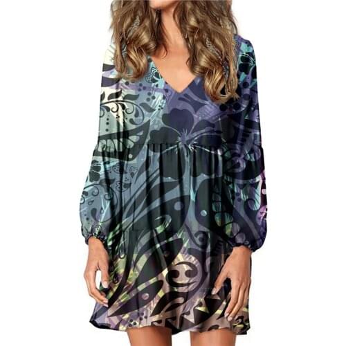 Hycool New Lady Polynesian Gradient Plumeria Print Large Size Casual Dress Women Loose Lantern Sleeves V-Neck Dress For Pregnant