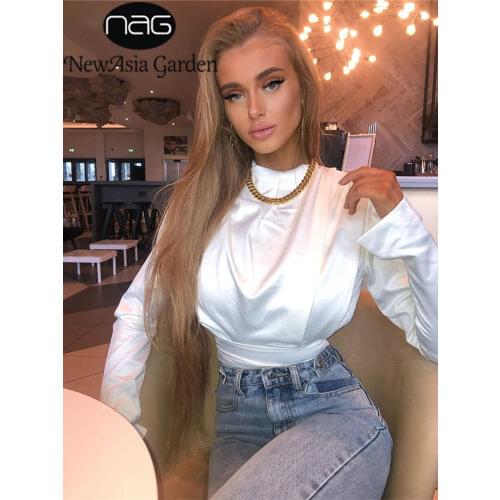 NewAsia Silky Elegant Bodysuit Women High Neck Split Cuff Party Bodysuits Solid Sexy Playsuit 2020 Streetwear Outfits Club Body