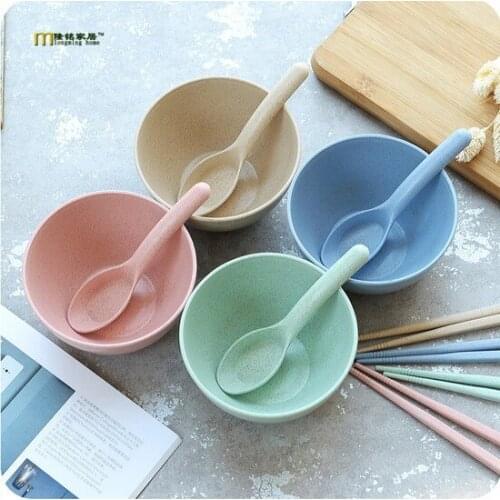 1SET Wheat Straw Rice Bowl with Spoon Chopstick Children Tableware Salad Soup Dessert Bowl Lunch Bowl Soup Tableware Set LF 125