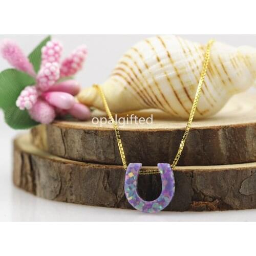 1pc/lot)Synthetic OP38 Purple Horseshoes Opal Necklace 10mm 925 Sterling Silver Horse Shoe Opal Necklace Opal Necklace for Gift