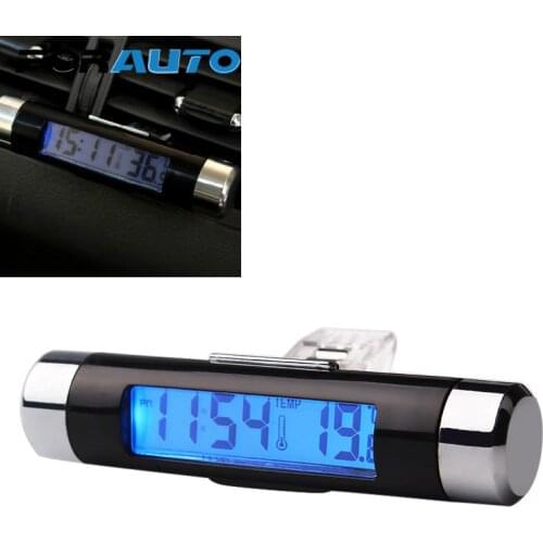 2 in 1 Thermometer Blue Backlight Air Vent Outlet Auto Accessories LCD Display Screen Car Digital Time Clock Portable
