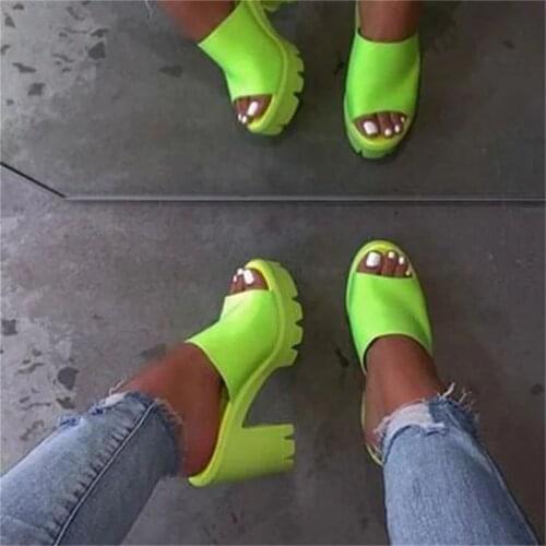 2021 Women Peep Toe Platform Slippers Female Party Fashion Slides Ladies Sexy Square Med Heels Woman Casual Shoes Plus Size