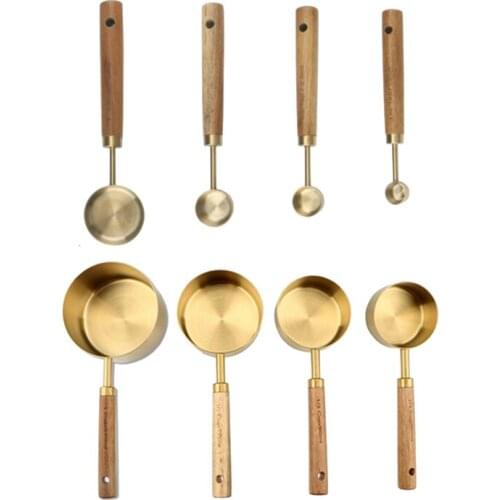 8Pcs Stainless Steel Measuring Spoons Cups Wooden Handle Kitchen Baking Tools