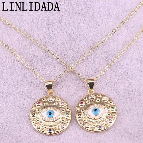 8Pcs Gold Filled Round Jewelry Women CZ Micro Pave Rainbow Eye Fashion Pendant Necklaces