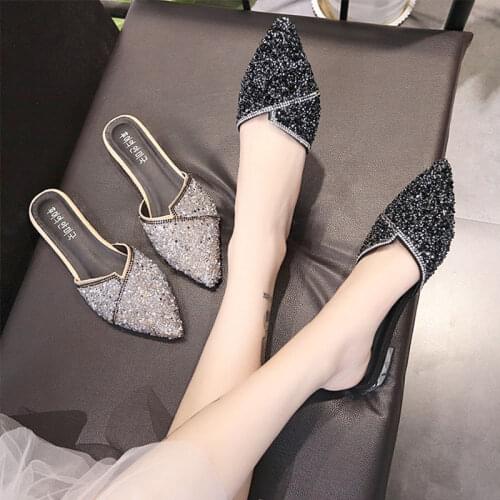 Glitter rhinestone shallow mules summer close pointy toe ladies slippers luxury crystal low heel lazy slides outside women shoes