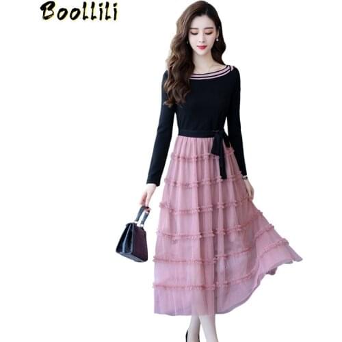 Boollili Spring Autumn Kintted Dress Women Clothes 2020 Ladies Dresses Vintage Korean Black Mesh Dress Women Long Dress Vestidos