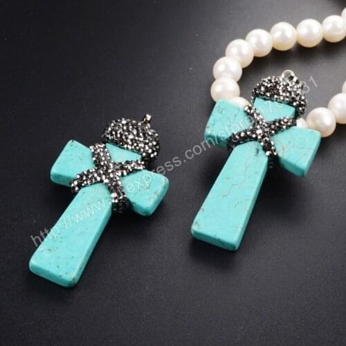 BOROSA 10pcs Druzy Jewelry Cross Shape Howlite Blue Stone Pendant Bead Paved Zircon JAB318 Drusy Jewelry Free Shipping