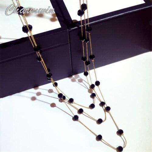 Charmwin Long Necklaces For Women New Fashion Simple Black Imitation Pearl Three-layer Sweater Chain Crystal Necklace PN0372