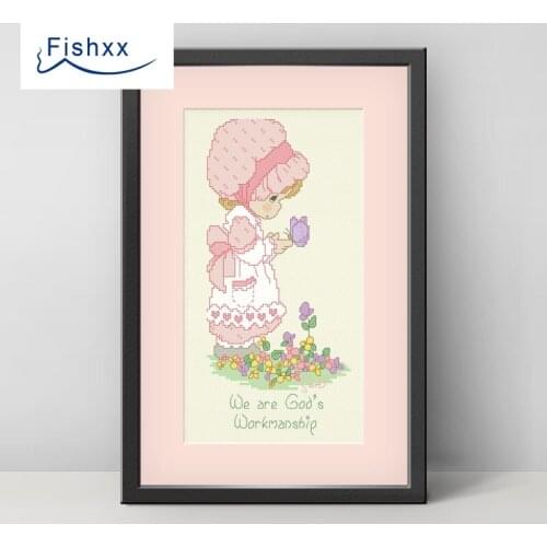 European Style Idyllic Cartoon Characters Fishxx Cross Stitch Kit H066 Gentle Girl And Butterfly Garden Ivory White Cloth