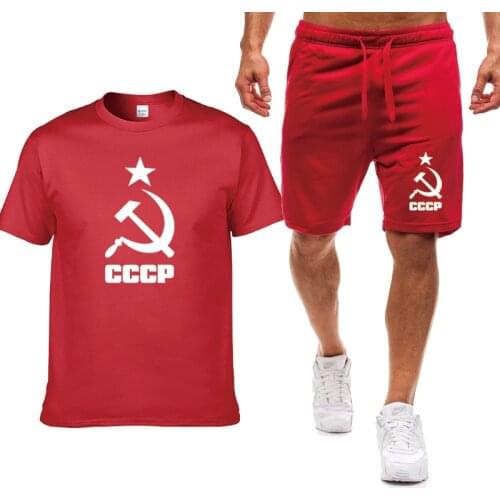 New Summer Mens T-shirt CCCP Russian USSR Soviet Union Print Solid color casual trend Mens short sleeve + shorts 2-piece set