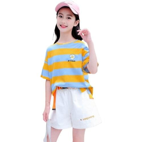 Girls Clothing Sets Summer Stripe T-Shirt+Shorts 2Pcs for Kids Clothing Sets Baby Clothes Outfits For 5 6 8 10 12 14 15 Years