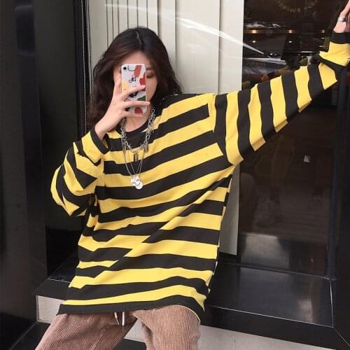 Korea Aesthetic Clothing Hip-Hop Rainbow Stripes Color Matching Long-Sleeved T-Shirt Female Couple Gothic Clothes Punk y2k Tops