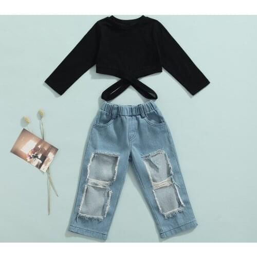 Toddler Baby Girls 2pcs Suit Solid Long Sleeve Hollow Tops+ Ripped Jeans for Autumn 2-7 Years Children Infant Outfits Clothes