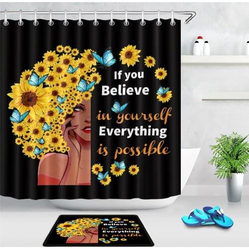 LB Black Girl Shower Curtain Sunflower Butterflies Afro Decorate African Women Head Funny Black Art Shower Curtain