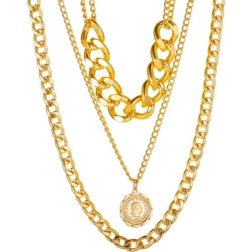 Fashion New Necklace Punk Street Shot Portrait Coin Pendant Metal Exaggerated Thick Chain Multi-Layer Necklace
