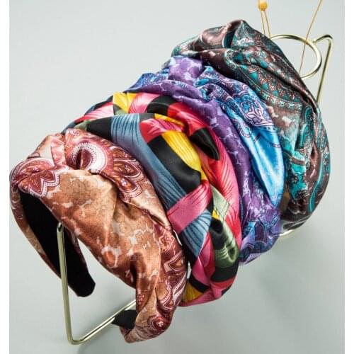 New Vintage Big Knot Headband Women Hair Accessories Bohemia Style Colorful Flower Printed Wide Cross Silk Fabric Hairband