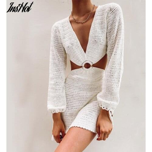 2021 Knit Stripe Long Sleeve Dress Beach Backless Summer Hollow Out Women V Neck Sexy Party Mini Dresses Casual White