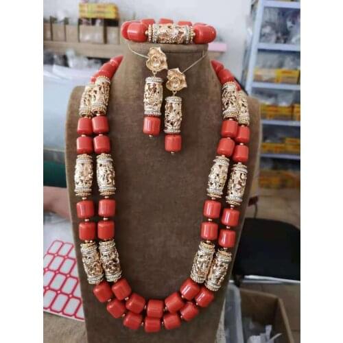 Popular Artificial Coral and Gold African Beads Jewelry Set Women Bride Party Acrylic Statement Necklace Set WD064