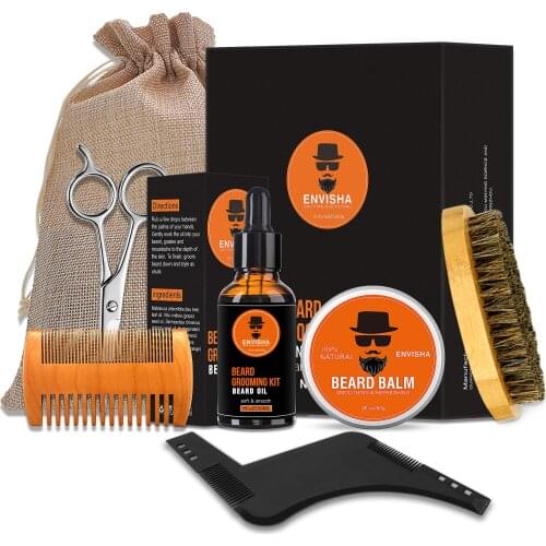 ENVISHA Beard Care Oil Men Beard Growth Set Barba Kit Balm Natural Essential Oil Comb Scissors Roller Styling Hair 7pcs/set